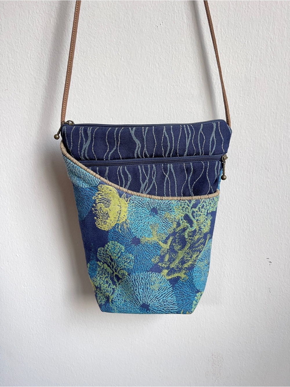 Whimsical Maruca Blue & Teal Tapestry City Girl Crossbody Bag with Leather Strap